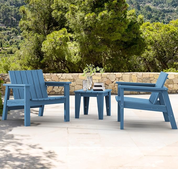 SERWALL Adirondack Chair Set, Includes Adirondack Chairs Set of 2 and 1 Piece Outdoor Side Table, HDPE Bistro Set- Blue