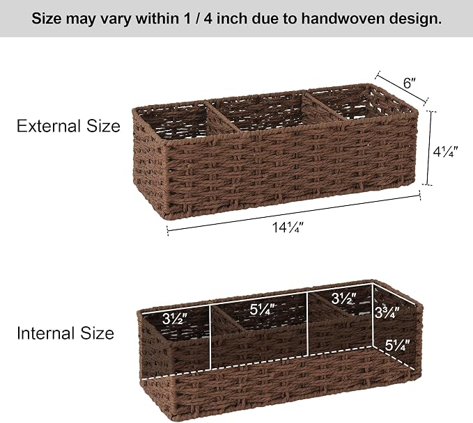 StorageWorks Toilet Paper Basket, Paper Rope Back of Toilet Basket, Walnut | Wicker Baskets with 3 Dividers, Toilet Paper Storage for Back of Toilet Tank, Woven Baskets for Shelves, Pantry, 2 Pack