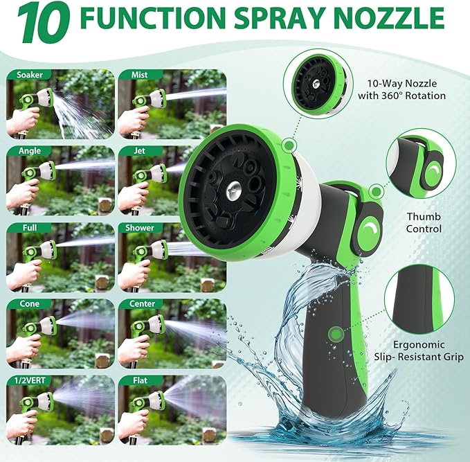 Garden Hose 50 ft Water Hose Flexible Non-Expandable Outdoor Heavy Duty Lightweight Leakproof Kink-free flex Watering Hose Pipe with Nozzl for 3/4 inch Fitting Yard Lawn Outside Car Wash