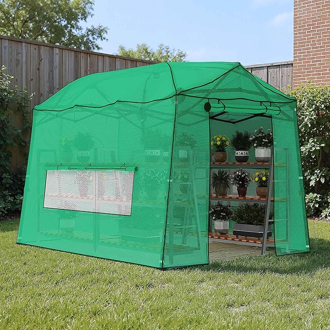 11 x 8.5 ft Portable Pop-up Walk-in Greenhouse, Portable Pop-up Green House 3 Adjustable Height Heavy Duty Plant Gardening Canopy with Durable PE Cover for Indoor Outdoor