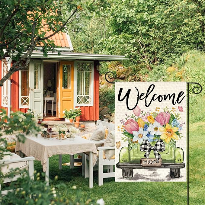 AVOIN colorlife Spring Tulip Garden Flag 12x18 Inch Double Sided Outside, Seasonal Flower Truck Rustic Yard Outdoor Flag