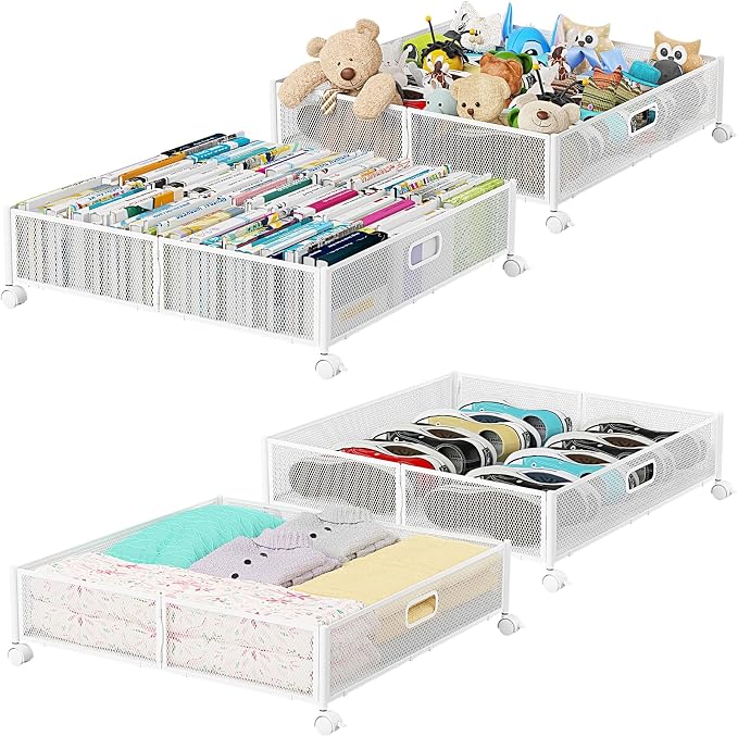 PHINOX Under Bed Storage with Wheels & Handle,Metal,Large,4 Pack,White