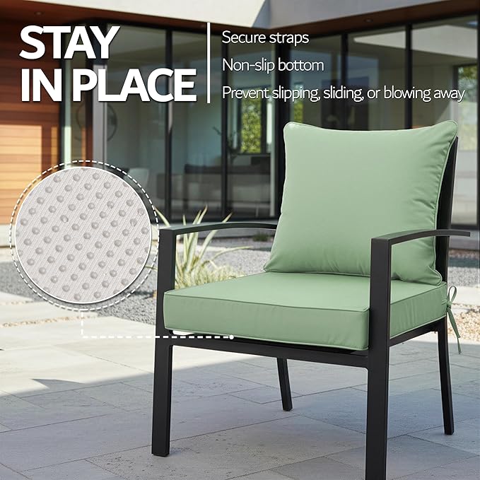 19x19 Inch Patio Chair Cushions Set of 2, Outdoor Furniture Cushions - Removable Cover, Water-Repellent, Fade-Resistant, Non-Slip Bottom & Straps, Replacement for Lawn, Porch & Deck Chair - Sage Green