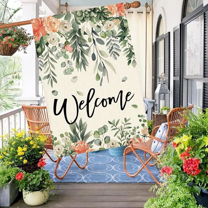 Summer Spring Eucalyptus Flowers Garden Flag 28 x 40 Inch Double Sided, Floral Farmhouse Burlap Large Yard House Flag Seasonal Holiday Outdoor Outside Decoration