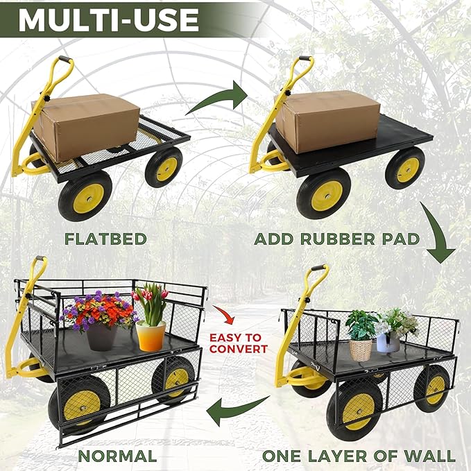 Heavy Duty 1400 lbs Capacity Steel Garden Cart with Removable Mesh Sides & 16" Tires, Convertible Flatbed Utility Wagon for Farm, Yard, Lawn, and Beach Use, Yellow