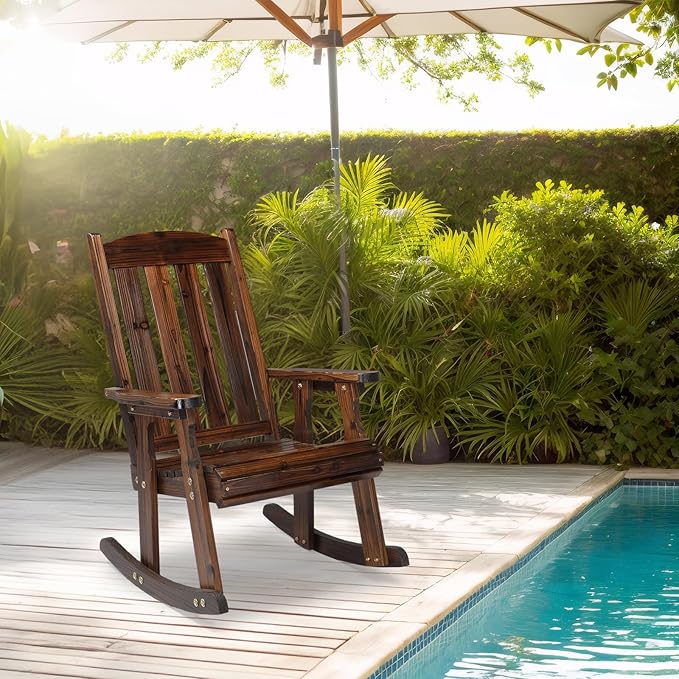 VINGLI Outdoor Rocking Chair, Heavy Duty 600 LBS Wooden Rocking Bench with Comfortable Backrest, Weatherproof Patio Rocker with Ergonomic Design, Wood Rocking Chair for Patio, Garden (Rustic, 1PC)