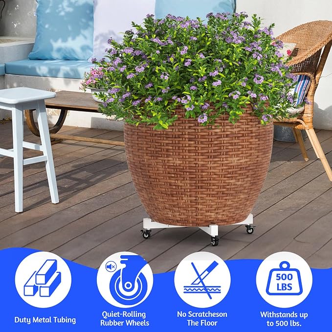 Plant Caddy With Wheels, Adjustable 14in to 21inch Heavy Duty Rolling Plant Dolly, Metal Plant Stand With 4 Lockable Caster Wheels, For Indoor Outdoor Pots Planter, Holds Up to 500 Lbs, White