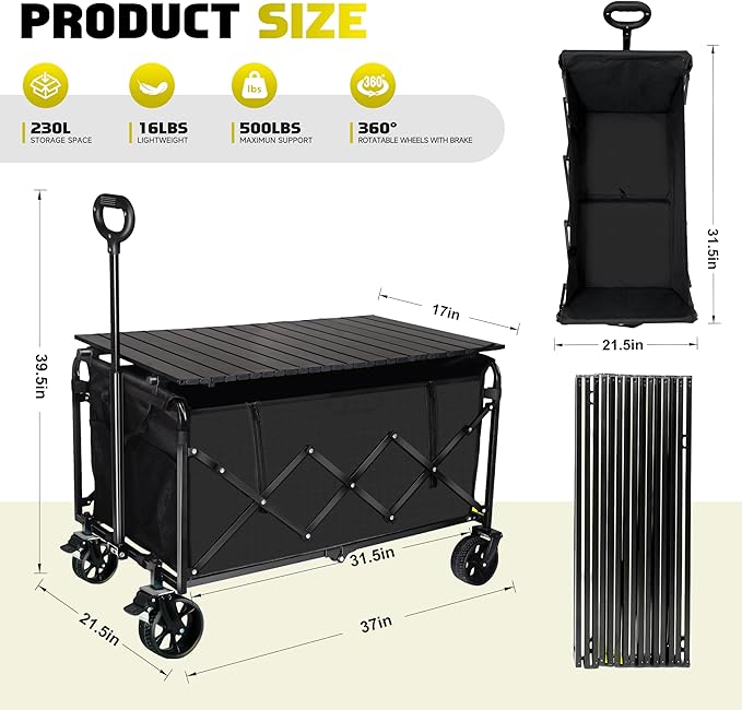500LBS Collapsible Foldable Wagon Cart - 230L Large Wagons with Table, Heavy Duty Portable Utility Folding Cart with 360° Swivel Brakes Wheels & 2 Cup Holders, for Shopping Camping Beach Garden & Fish