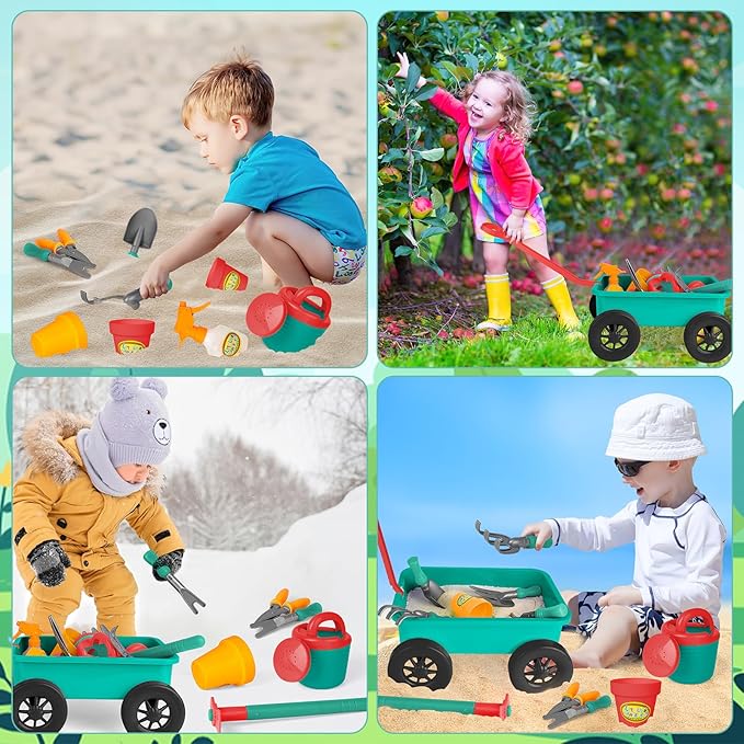 deAO Kids Garden Wagon Wheelbarrow and Gardening Tools Play Set Includes 10 Accessories and 4 Plant Pots,Great Outdoor Toddler Toys Kids Gardening Set