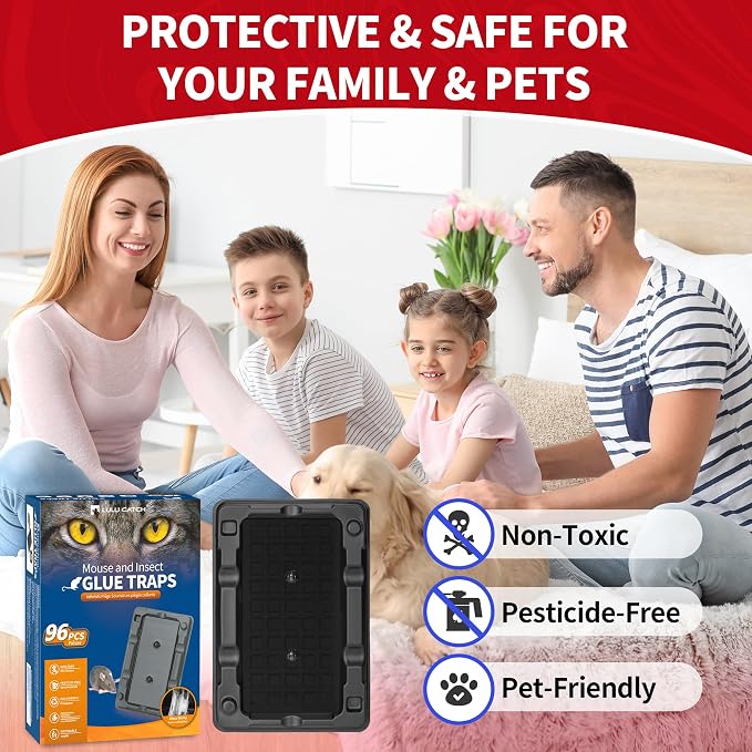 LULUCATCH Mouse & Insect Glue Traps, 96 Pack Adhesive Glue Traps, Pre-Baited Heavy Duty Non-Toxic Bulk Mouse Traps Indoor for Small Mice, Insects, Rodent, Bug, Easy to Use Pet Safe
