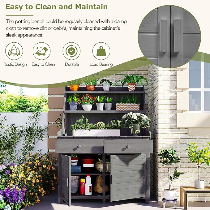 RUNNA 65inch Garden Potting Bench Table, Fir Wood Workstation with Storage Shelf, Drawer and Cabinet (Gray@017, 65inch)