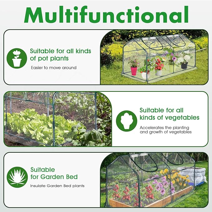 Mini Greenhouse for Outdoor,Portable Small Tunnel Greenhouses for Outdoors with Roll up Zipper Door for Gardening Plant,UV Waterproof Cover with 8 Ground Stakes (Clear, 71" x 36" x 36")