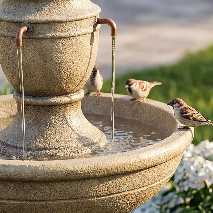 35-Inch Outdoor Water Fountain, 2-Tier Modern Italian Floor Standing Resin Waterfall Fountain with Warm Light, Home Art Decor for Garden, Patio, Yard, Porch, Deck, Lawn or Balcony in Brown