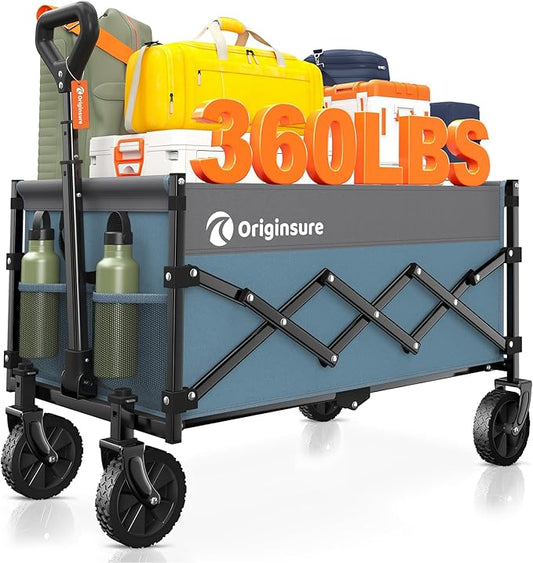 Originsure Collapsible Wagon Cart Foldable - Lightweight Portable Heavy Duty Folding Beach Wagons with Wheels - Outdoor Utility Carts for Grocery, Camping, Shopping with Large Capacity - Grey&Blue