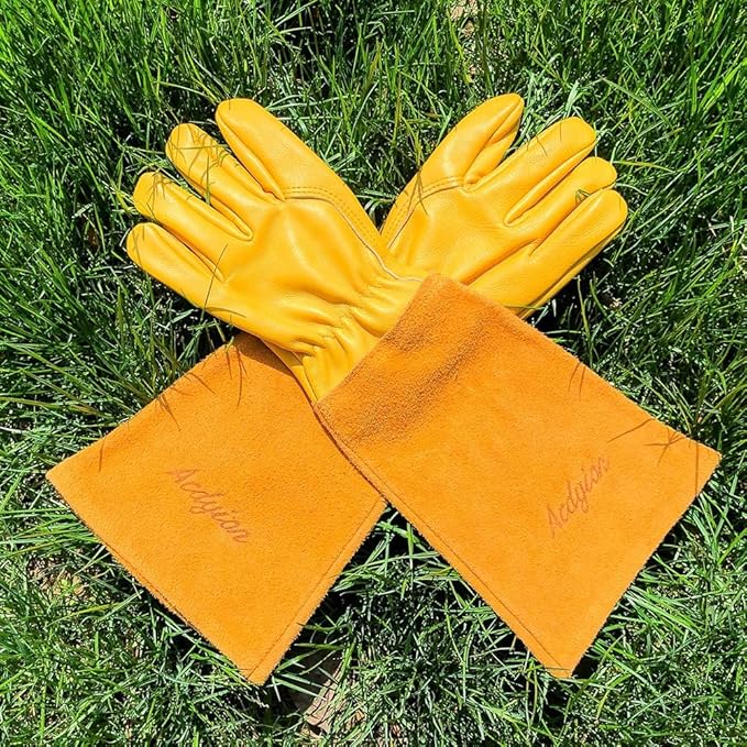 Acdyion Thorn Proof Gardening Gloves for Men & Women, Long Cowhide Leather Rose Pruning Gloves with Forearm Protection, Puncture Resistant Gauntlets for Cacti, Blackberries & Yard Work(yellow,Large)