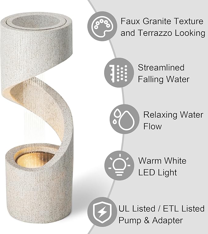 Glitzhome Outdoor Water Fountain, 40.25" H Modern Faux Terrazzo Spiral Shaped Outdoor Fountain with Pump and LED Lights, Polyresin Waterfall Fountain Water Feature for Garden, Patio, Porch Decor