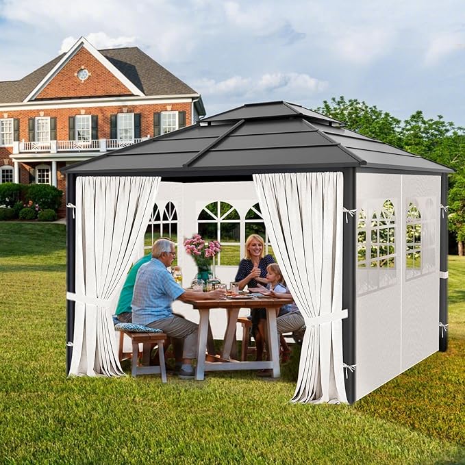 Gazebo Privacy Curtains 10' x 12' with PVC Windows, 4-Panels Side Wall with Zipper Universal Replacement for Patio, Outdoor Canopy, Garden and Backyard, Beige