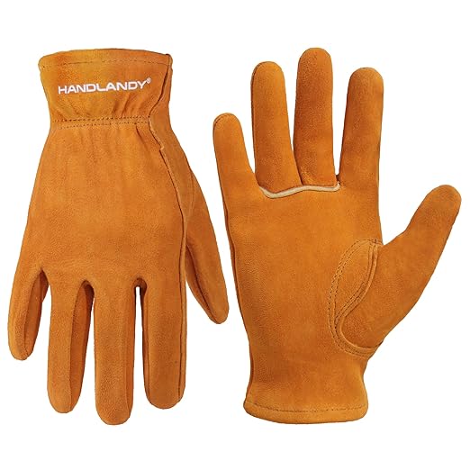 HANDLANDY Kids Genuine Leather Gardening Gloves for age 2-9, Children Work Gloves for Boys, Girls, Toddlers (Orange, S)