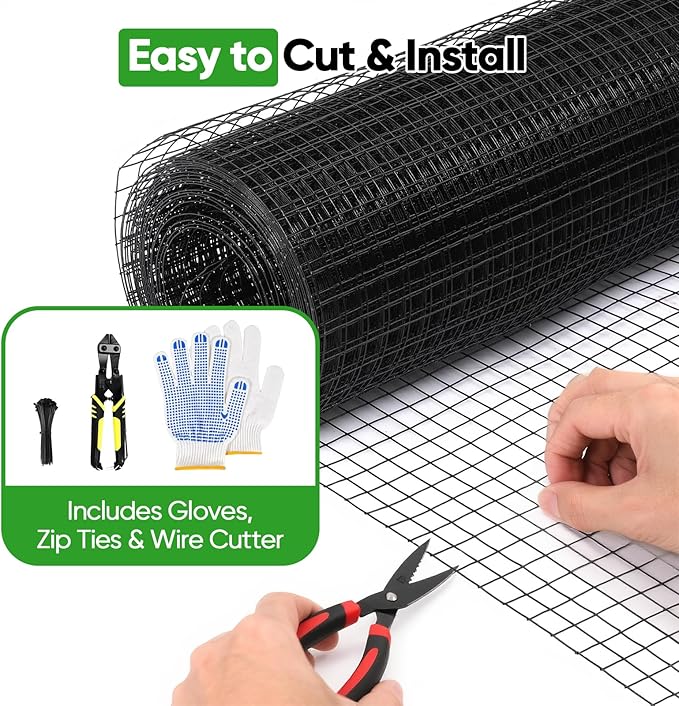 Black Hardware Cloth 48in x 50ft – 19 Gauge Vinyl Coated Steel Wire Mesh Roll, 1" Square Welded Fence for Chicken Coop, Garden Barrier, Animal Control, Outdoor Pet Enclosure, Rodent Proofing