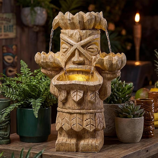 20-Inch Outdoor Water Fountain, 3-Tier Polynesian Tiki Head Resin Waterfall Fountain with 4 Warm LED Lights, Home Art Decor for Garden, Patio, Yard, Deck, Porch, Deck or Lawn in Natural Wood