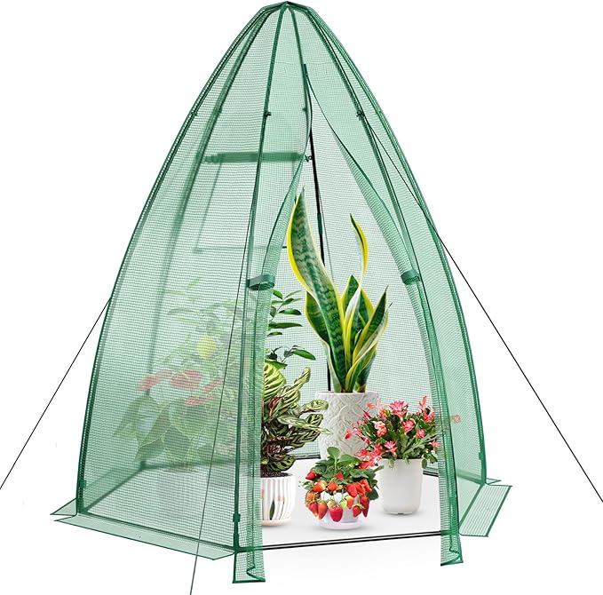 Happygrill Portable Mini Greenhouse, Garden Green House W/Roll-up Zipper Door and Window, Windproof PE Cover, 9 Ground Stakes & 4 Windproof Ropes, Indoor and Outdoor Greenhouse for Backyard
