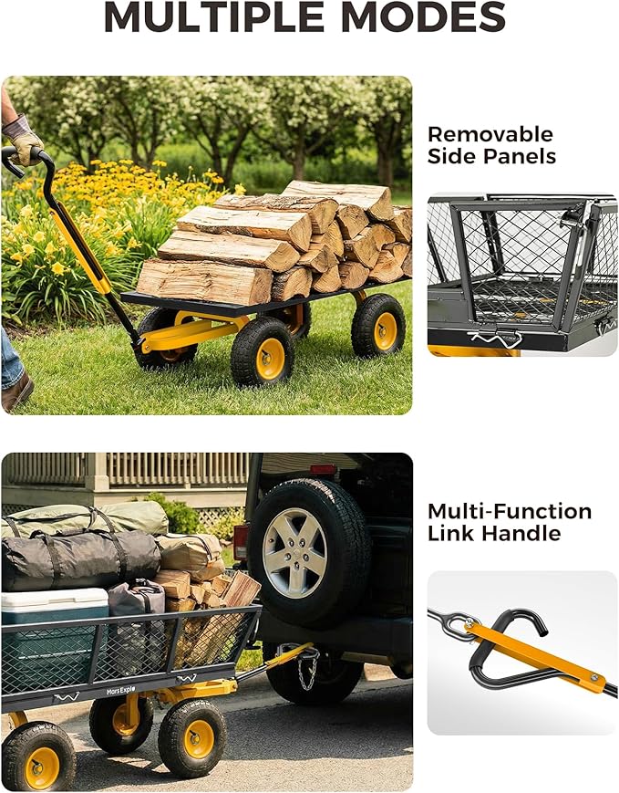 900 Lbs Heavy Duty Steel Garden Cart, Outdoor Metal Garden Wagon On Wheels, Utility Yard Cart with Mesh Removable Sides(Convert to Flatbed) and Removable Handle (to Wheel Barrow), Dark