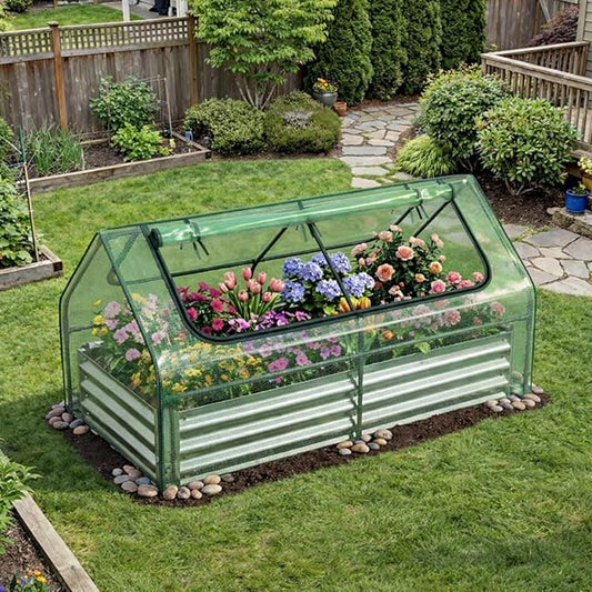 Giantex 3-in-1 Metal Raised Garden Bed with Greenhouse Cover, 6x3x3 FT Metal Elevated Outdoor Planter Box with Roll-Up Windows, Open Base Grow Box for Vegetables, Flowers and Herbs, Green