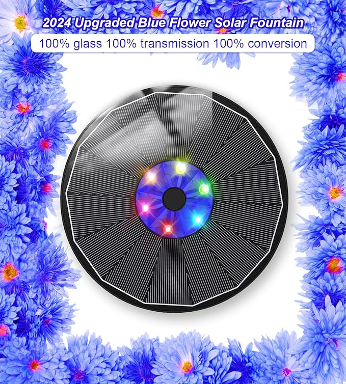 SZMP Solar Fountain 3.5W Floating Bird Bath Fountains with Blue Flower Upgraded Glass Panel with 7 Nozzle & 4 Fixer, Solar Water Fountain for Garden, Pond, Outdoor (Colorful)