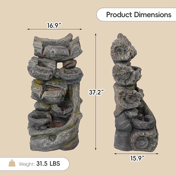 7-Tier Cascading Outdoor Fountain with LED Lights, 37.2" H Fountains and Waterfalls Realistic Tree Trunk for Garden, Patio, Yard Decor