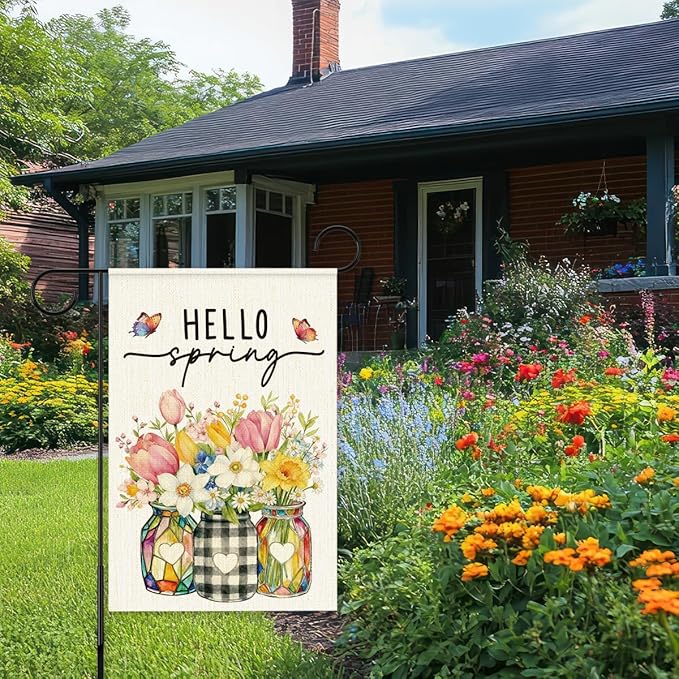 Hello Spring Flags for Outside,Floral Mason Jar Garden Flag for Yard Patio Lawn Decoration,12x18 Inch Double Sided