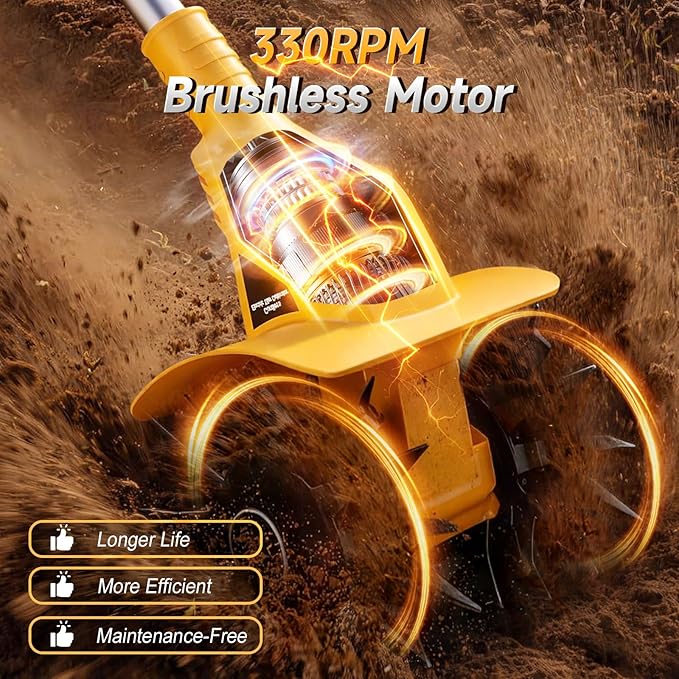 Garden Cordless Tiller Cultivator Compatible with Dewalt 20V Battery: 330RPM 48 Steel Tines - 9.3In Tilling Width and 6.3In Depth Garden Rototiller for Lawn/Soil Cultivation (Tool Only NO Battery)