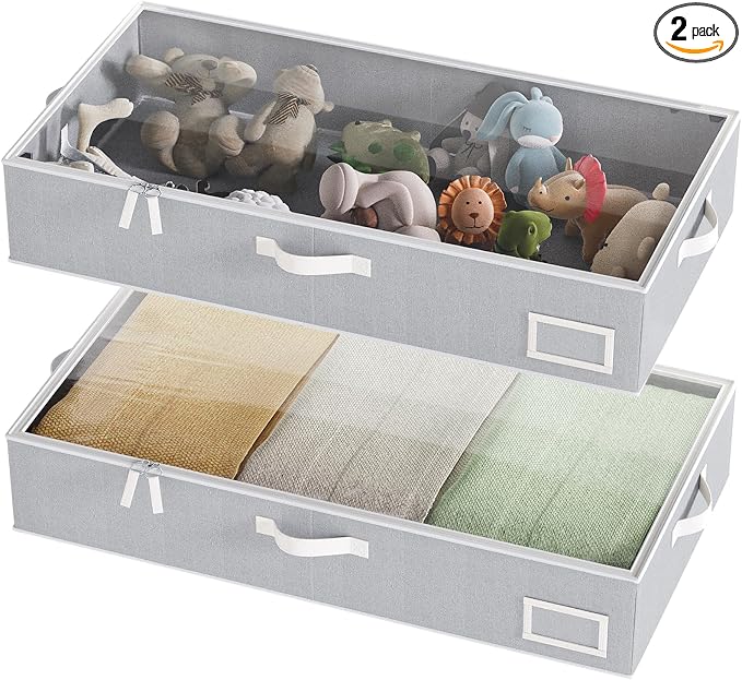 Under Bed Storage, Under Bed Storage Containers Bins for Clothes, Large Linen Underbed Closet Organization Bins, 2 Pack Collapsible Underbed Bin Dorm for Clothes, Sweater, Gray