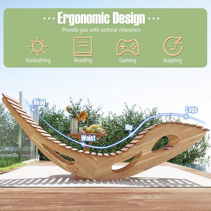 Tangkula Outdoor Chaise Lounge Chair Set of 2, Acacia Wood Rocking Sun Lounger with Slatted Backrest and Seat, Wooden Rocker Lounge Chair for Patio, Garden and Poolside