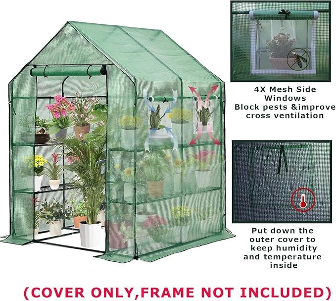 Purlyu Walk-in Greenhouse Replacement Cover with Roll-Up Zipper Door -56x56x76 inch PE Greenhouse Cover for Outdoor Plant Gardening Plants Cold Frost Protection Wind Rain Proof(PLGH002PECC)