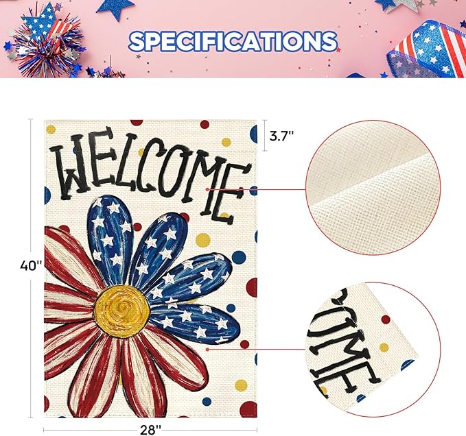 AVOIN colorlife 4th of July Patriotic House Flag 28x40 Inch Double Sided Outside, Memorial Day Welcome Floral Daisy Yard Outdoor Decoration