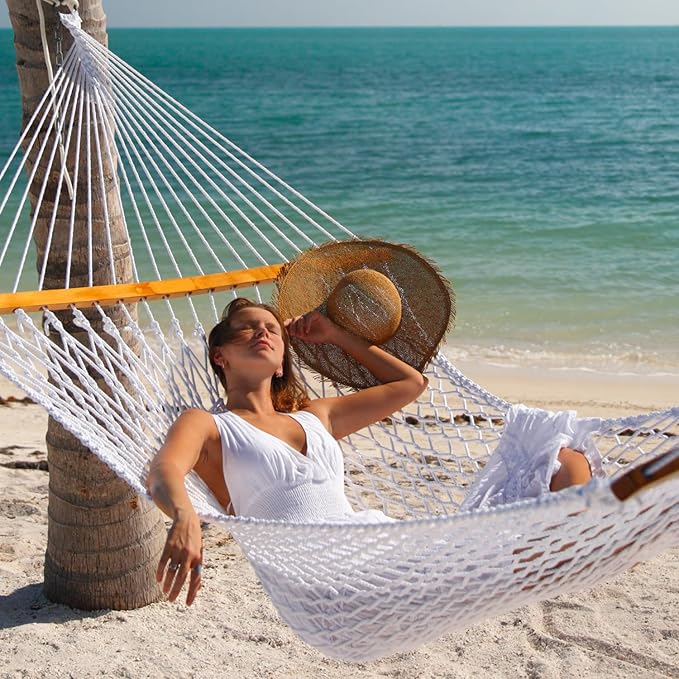 Gafete Single Rope Hammocks for Outside, Traditional Hand Woven Cotton Hammock with Hardwood Spreader Bar, Max 450 lbs Capacity (Natural Beige, Small)