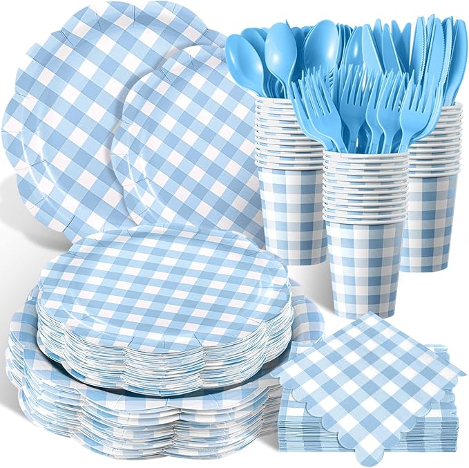Funnymoom 400 Pcs Gingham Party Supplies for 50 Guests Light Blue and White Paper Plates and Napkins Knives Spoon Fork Cup Disposable Checkered Dinner Party Set Cutlery for Baby Shower Wedding Favor