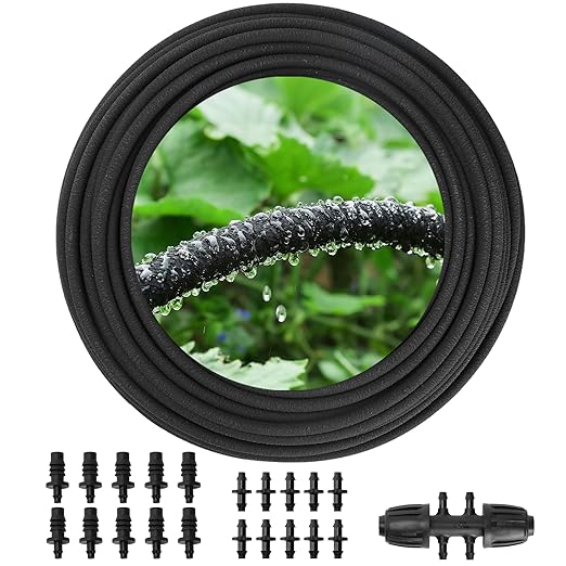 MIXC 80% Water-Saving Soaker Hose – 1/4" x 100 Ft Drip Irrigation Tubing for Garden, Lawn, Flower Beds & Vegetable Rows, with 1/4" Drip Fittings Included