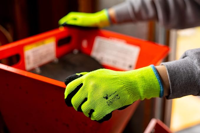 G & F 1516 12 Pairs Pack Premium High Visibility Low emissions Green Work and gardening Gloves for Men and Women. MicroFoam Textured Coated Palm and Fingers Gloves for Gardening Work, X-Large, Green