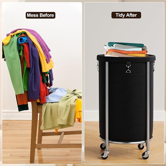 ELYKEN Laundry Basket with Wheels, Round Rolling Laundry Hamper, Black