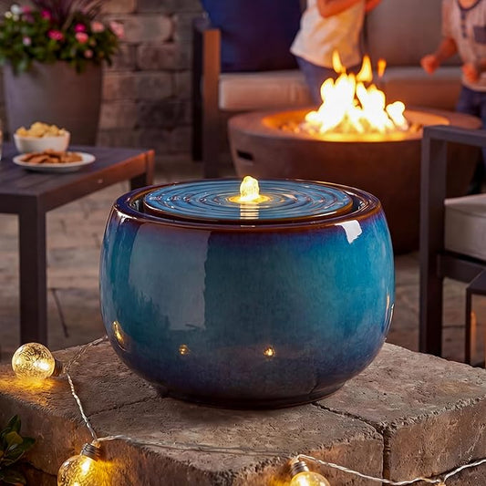 9-Inch Outdoor Water Fountain, Indoor Round Bubbler Water Feature with LED Light, Eastern Ceramic Waterfall Fountain, Classic Decor for Garden, Patio, Yard, Porch, Deck, Balcony in Blue