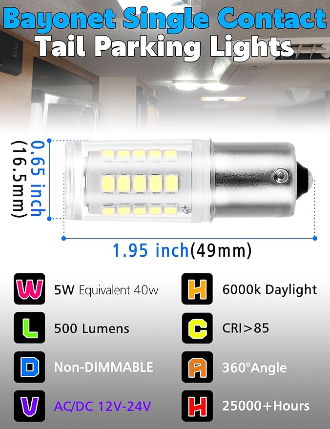 Super Bright 12-24V BA15S 1156 1141 1003 7506 LED Bulbs , 5W 500LM Low Voltage Bayonet Single Contact Bulb for RV Landscape Camper Marine Boat Trailer Interior Lights, 6000K Daylight White, 10Pack