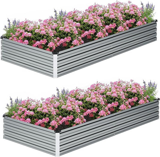 8×2×1FT(2PCS) Galvanized Raised Garden Bed Kit Metal Planter Boxes，Large Outdoor Planters Garden for Planting Vegetables,Flowers,Herbs -Silver