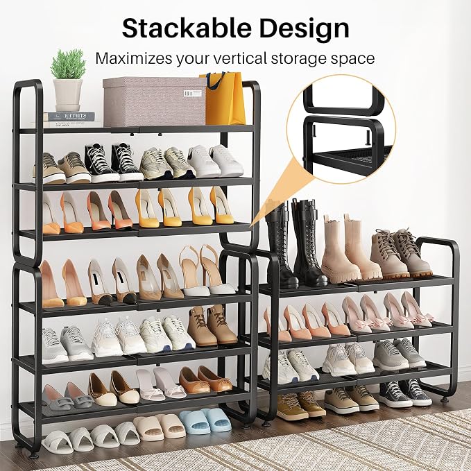 Expandable Metal Shoe Rack for Closet, Entryway & Garage, 3-Tier, Black