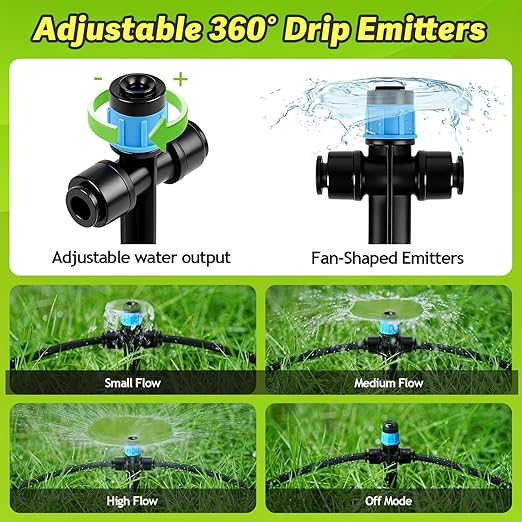 20 Pack Two-Way Quick Connect Drip Emitters Fan Shape with Stake for 1/4" Irrigation Tubing, Adjustable 360 Degree Water Flow Irrigation Vortex Sprayer for Garden Watering System