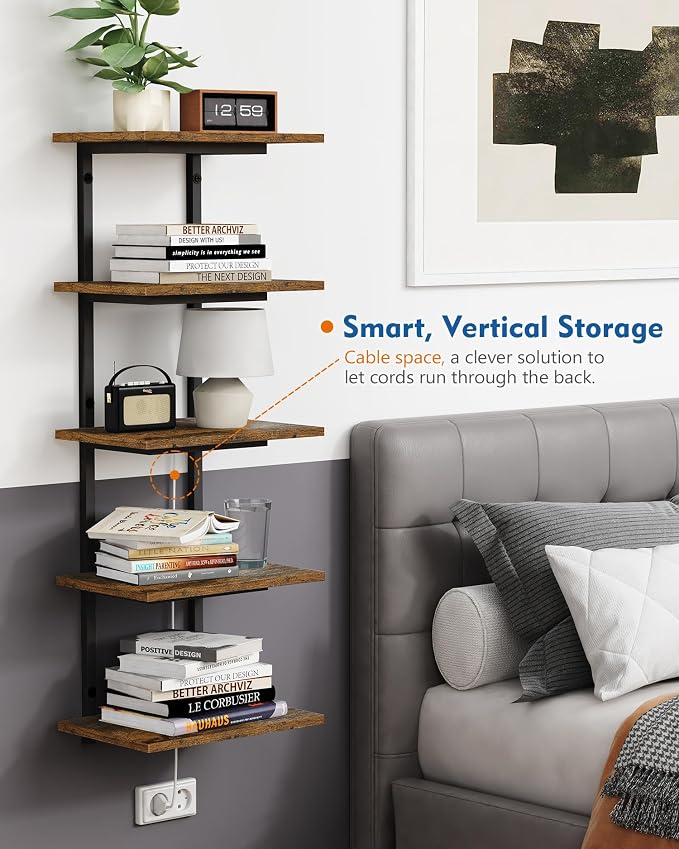 Harwaya 5 Tier Wall Bookshelf Unit for Bedroom Books, Large Floating Book Shelves Wall Mounted, Rustic Wood Lack Tiered Hanging Shelf for Kitchen Office Living Room Corner (Dark Brown)