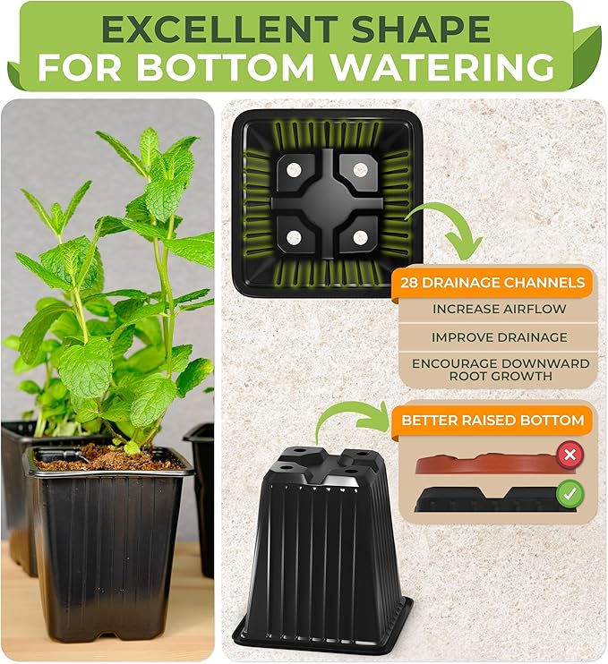 CARPATHEN 60Pack Square Nursery Pots - 1020 Tray Optimized - 3.5 Inch Seedling Plant Pot with Drainage Holes - Reusable Sturdy Seed Starter Pots for Flowers, Vegetables, Greens