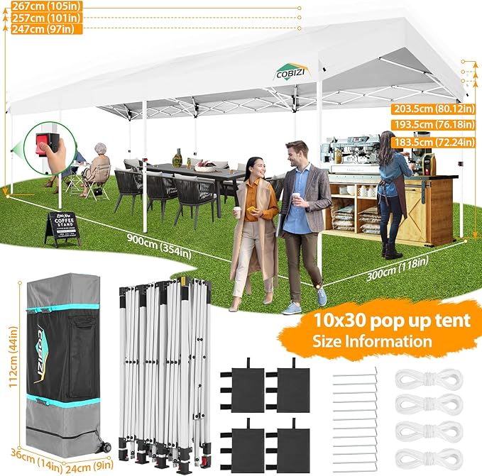 COBIZI Canopy Tent 10x30 Pop up Canopy with 3 Sidewalls Outdoor Party Tent Waterproof 2000mm+&UPF50+,Carpas para Fiestas 10x30 Pop up Gazebo Wedding Canopy with 4 Ropes&4 Sandbags,White