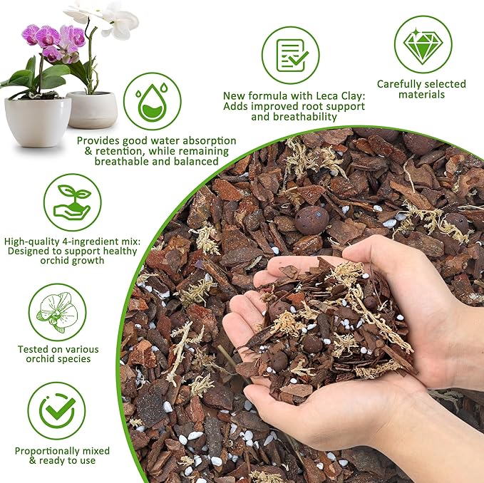 Orchid Bark Potting Mix 3QT - Orchid Soil Mix with Pine Bark, Perlite, Sphagnum Moss & Leca Clay, Fast-Draining Mix for Repotting Phalaenopsis & All Epiphytic Orchids, Indoor Orchid Mulch