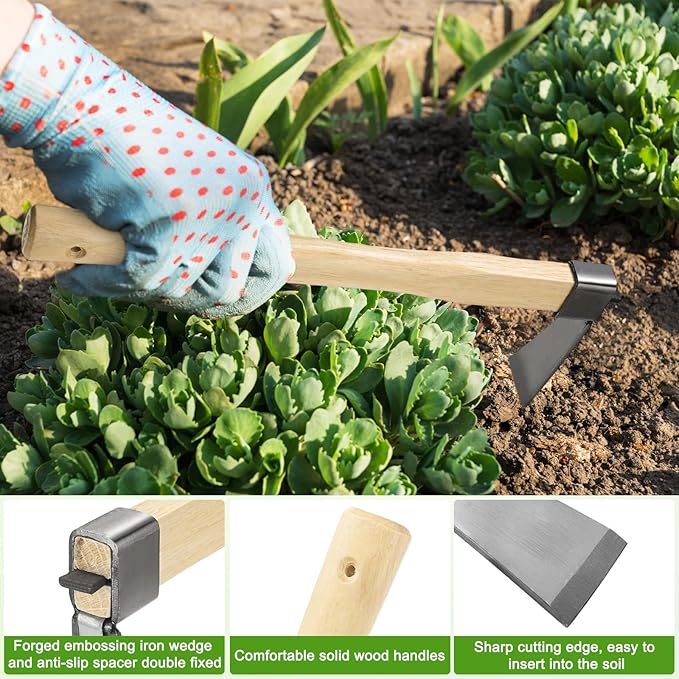 M METERXITY Heavy Duty Narrow Hoe, 15 Inches Stainless Steel Mattock with Garden Hoe for Digging, Weeding, and Planting, Gardening Tool with Wooden Handle